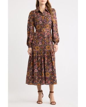 Eliza J Print Belted Long Sleeve Maxi Shirtdress - Brown