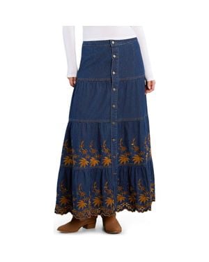 Wash Lab Denim Tiered Eyelet Denim Midi Skirt - Blue