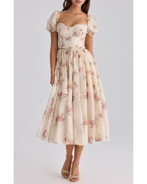 House Of Cb Penelope Floral Puff Sleeve Corset Chiffon Midi Dress - Natural