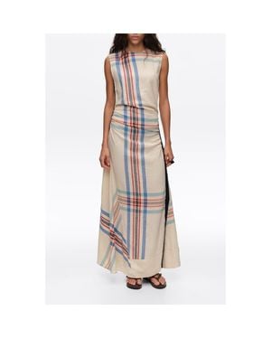 Bimba Y Lola Linen Striped Sleeveless Dress With Overlay Strap - Brown