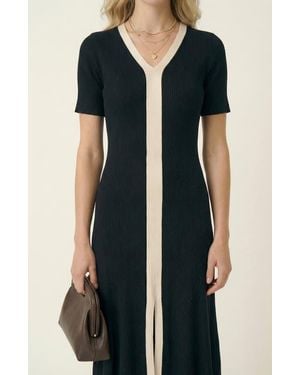 Modenaire Ribbed Knit Contrast Placket Midi Dress - Black