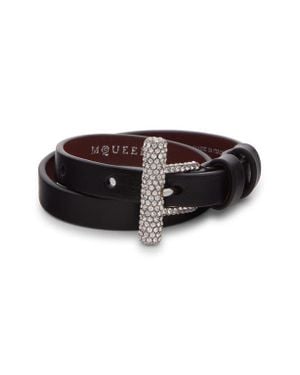 McQueen Crystal Pavé T-Bar Leather Wrap Bracelet - Black