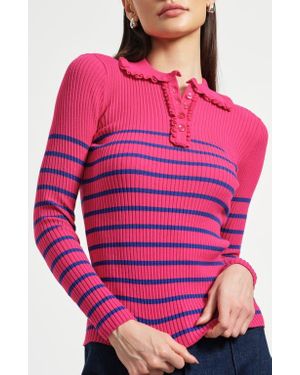Isaac Mizrahi New York Stripe Ruffle Rib Polo Sweater - Pink