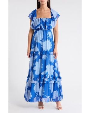 Sugarlips Floral Off The Shoulder Tiered Maxi Dress - Blue