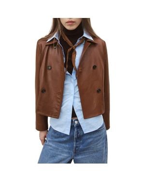 Mango Double Breasted Leather Jacket - Brown