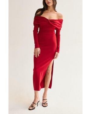 Crescent Off Shoulder Sweater Dress - Red