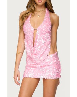 Edikted Lita Sequin Cowl Neck Open Back Halter Top - Pink