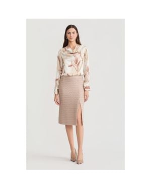 Misook Draped Neck Floral Print Silk Blouse - Natural