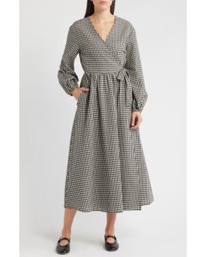FRNCH Anemone Gingham Long Sleeve Seersucker Wrap Dress - Gray
