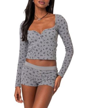 Edikted Floral Waffle Stitch Top - Gray