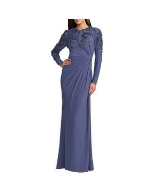 Mac Duggal High Neck Long Sleeve Beaded Jersey Gown - Blue