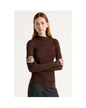 MODERN CITIZEN Vittoria Asymmetric-Neck Semi-Sheer Ruched Tee - Brown