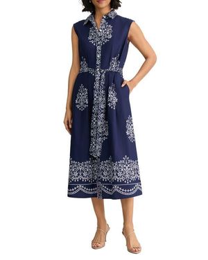 Jones New York Placed Print Sleeveless Stretch Cotton Midi Shirtdress - Blue