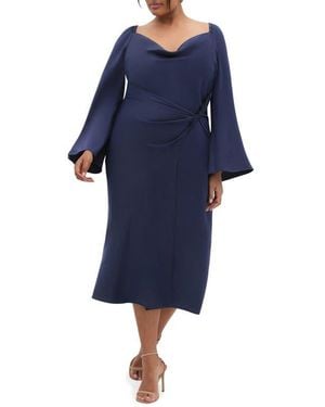 City Chic Adelina Long Sleeve Satin Midi Dress - Blue