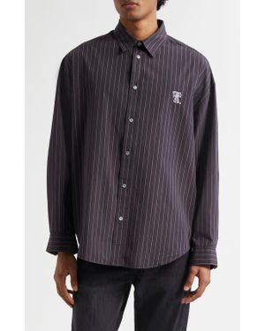 Acne Studios Pinstripe Logo Embroidery Button-Up Shirt - Purple
