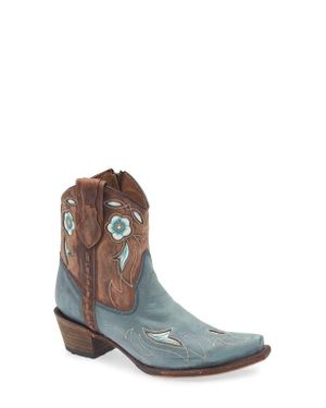 Circle Floral Embroidery Western Boot - Blue