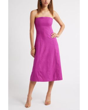 Open Edit Strapless Linen Blend Midi Dress - Pink