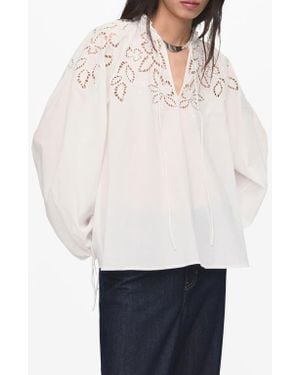 Mango Embroidered Eyelet Tie Cuff Long Sleeve Top - White