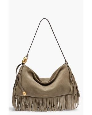 Donna Karan Velvet Suede Fringe Large Shoulder Bag - Gray