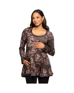 24seven Comfort Apparel Floral Print Long Sleeve Tunic Top - Brown