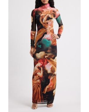 AFRM Billie Trompe L'Oeil Long Sleeve Mesh Maxi Dress - Orange
