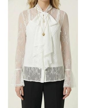 Modenaire Sheer Lace Bow Tie Neck Ruffle Front Detail Blouse - White