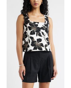 Open Edit Square Neck Sleeveless Linen Blend Top - Black