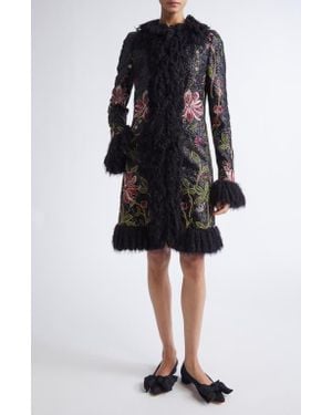 Giambattista Valli Sequin Floral Embroidered Coat With Faux Fur Trim - Black