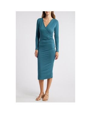 Loveappella Long Sleeve Faux Wrap Midi Dress - Blue