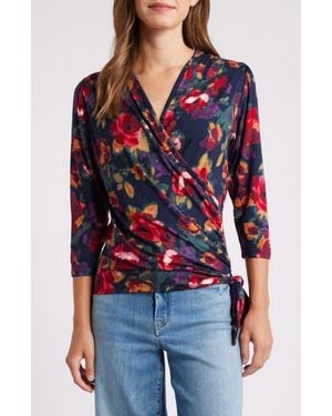 Loveappella Floral Print Faux Tie Wrap Top - Red