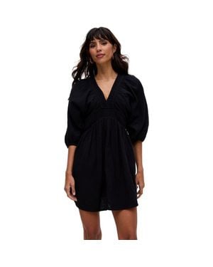Raffya Soipoi Ruched V-Neck Midi Dress - Black
