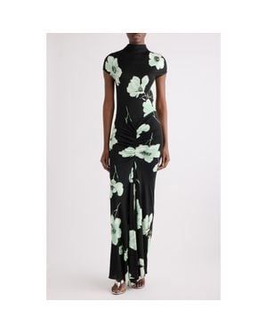 Alaïa Floral Print Ruched Jersey Dress - Black