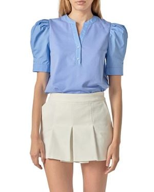 English Factory Puff Sleeve Mixed Media Top - Blue