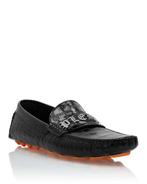 Philipp Plein Printed Crocco Leather Drivers Shoes - Black