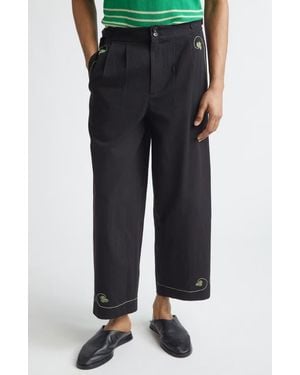 Bode Lucky Draw Embroidered Cotton Twill Wide Leg Ankle Pants - Blue