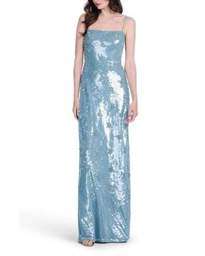 EMILY SHALANT Beaded Floral Sequin Bias Cut Gown - Blue