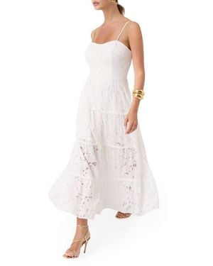 Guess Evelyn Beaded Lace Tiered Midi Dress - White
