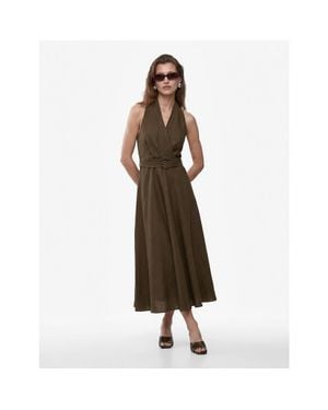 Koton Back Detail Halter Neck Belted Midi Linen Dress - Brown
