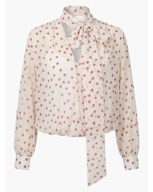 Modenaire Summer Polka Dot Tie Neck Long Sleeve Blouse - Natural