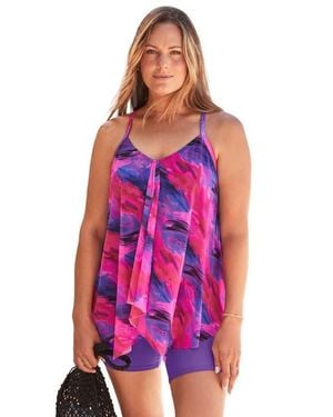 Swim 365 Longer Length Draped Mesh Racerback Tankini Top - Pink