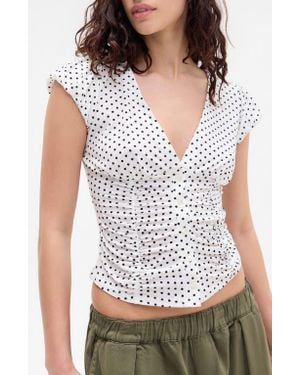 BDG Penny Ruched Polka Dot Top - White