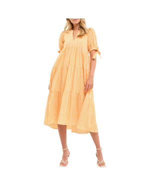 English Factory Gingham Tiered Midi Dress - Orange
