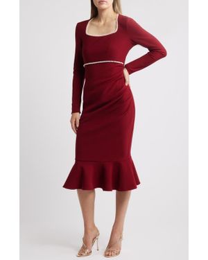 NIKKI LUND Faux Pearl Ruched Flare Hem Dress - Red