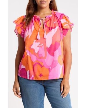 Sugarlips Merim Deniza Floral Split Neck Cotton Top - Pink