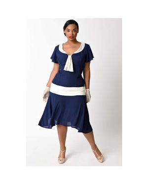 Unique Vintage Plus Size 1920S Wilshire Flapper Day Dress - Blue