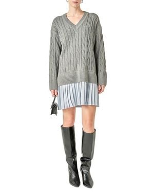 English Factory Long Sleeve Pleated Mixed Media Sweater Dress - Gray