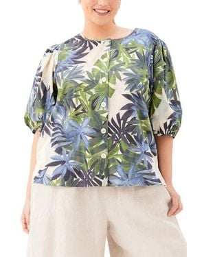 Karen Kane Frond Puff Sleeve Button-Up Shirt - Blue