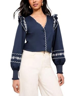 Friends Like These Ruffle Embroidered Scallop Trim Top - Blue