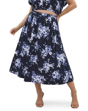 City Chic Vacay Floral Print A-Line Skirt - Blue