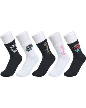 Ed Hardy Flower Print Half Cushion Mid Crew Sock 5-Pack - Blue